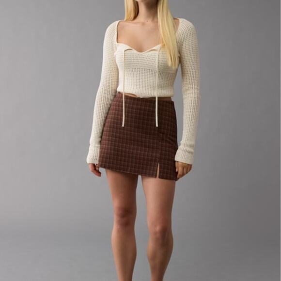 American Eagle Outfitters Women's It Knit Plaid Mini Skort Size XL Brown NWT - Picture 1 of 6